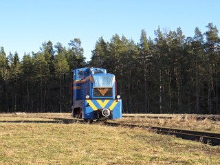 Narrow Gauge Railroad Train Railways Detail Perspective during Day with Blue Locomotive