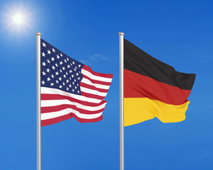 United States of America vs Germany. Thick colored silky flags of America and Germany. 3D illustration on sky background. - Illustration