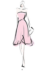 Fashion sketch. Elegant young woman, model. Female silhouette in dress  