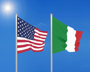 United States of America vs Italy. Thick colored silky flags of America and Italy. 3D illustration on sky background. - Illustration