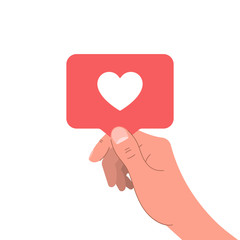 Banner with like in hand. Hand holding sign with heart. Vector illustration in flat style