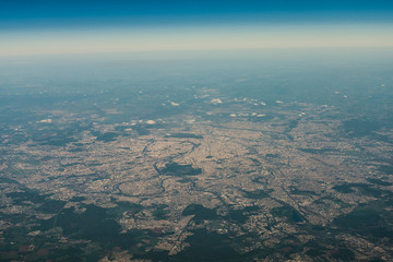 Fototapeta na wymiar aerial view of city of Paris, France out of 38.000 ft - pilots view 
