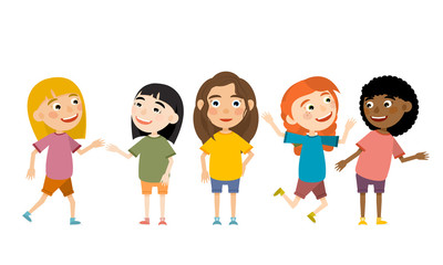 Five cheerful laughing girls in various poses. Children from Europe, America, Africa and Asia. Vector illustration