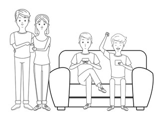 Fototapeta na wymiar Millennials and smartphones cartoons in black and white