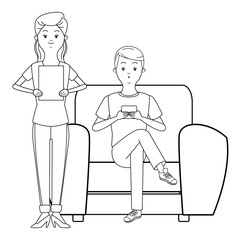 Millennial couple cartoon in black and white