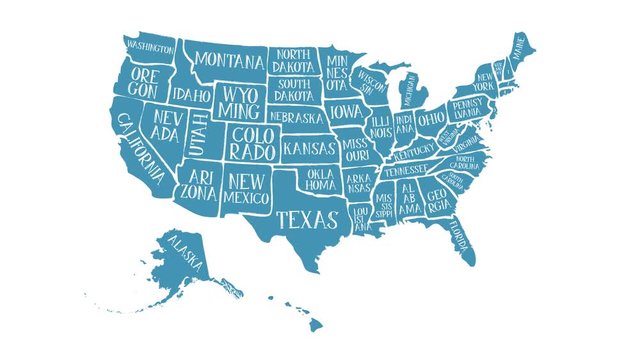 Vintage American Map Animation With States Names/ 4k animation of a vintage textured american map background, with names of fifty states