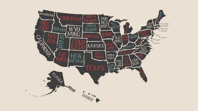 Vintage American Map Animation With States Names/ 4k animation of a vintage textured american map background, with names of fifty states