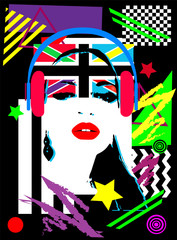 Pop art girl with british flag and headphone beats background
