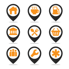 Collection of map pointer icons for public facility markers, such as houses, cafes, gas stations, banks, restaurants, shopping centers, community gatherings, workshops, and medical service centers.