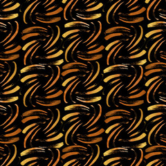 Seamless abstract pattern with watercolor splashes, hand-painted brush strokes on black background. Abstract seamless pattern with golden shade watercolor splashes