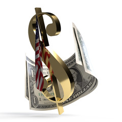 golden 3d us-dollar symbol with american flag and banknotes