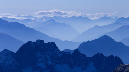 The view from the peak of Zugspitze, Germany, in late Autumn