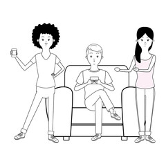 Millennials and smartphones cartoons in black and white