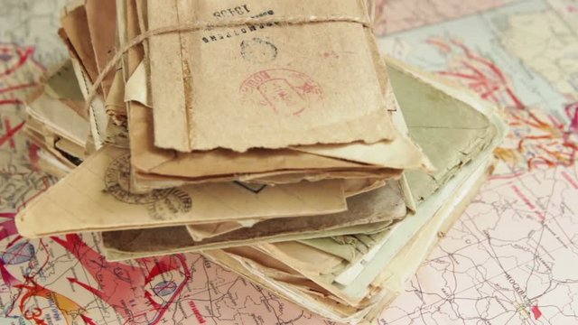 Batch of the postal letters of the war time lying on the military operations map of the World War II, 1944. Map published in 1948