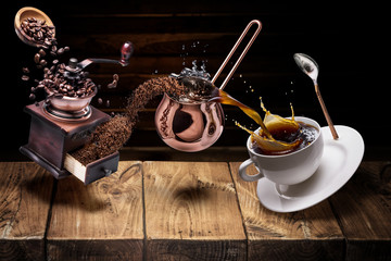 Coffee preparation. Conceptual photo - turning coffee beans into beverage.