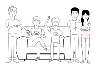 Millennials and smartphones cartoons in black and white