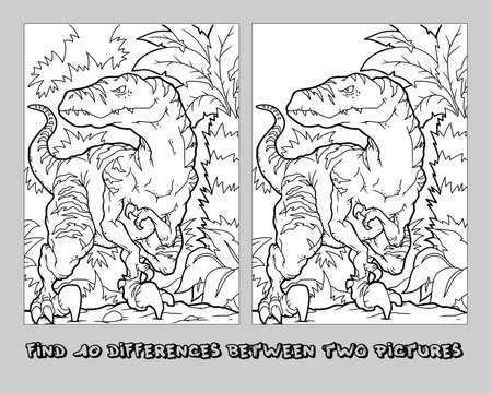 Find the ten differences between the two pictures and Coloring page. Funny cartoon Dinosaur. Puzzle for kids. Hand drawn image. Eps 10