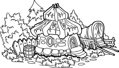 Vector cute fairy tale house.Vector line illustration. coloring book