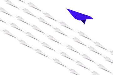 Paper airplanes flying on isolated white background being led by a better airplane. concept of leadership and creativity.