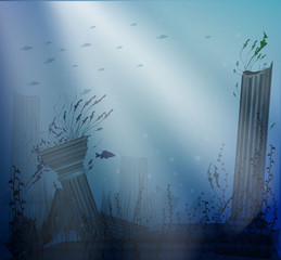 underwater landscape with ancient ruins of columns with beams of light, secret of Atlantis,