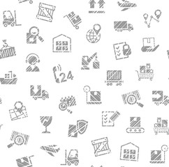 Delivery of goods, seamless pattern, single color, shading pencil, icons, white, vector. Cargo transportation and delivery of goods. Vector flat seamless pattern. Imitation of pencil hatching.  