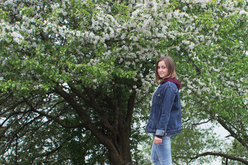 Fototapeta premium Young beautiful girl stays near an blooming tree