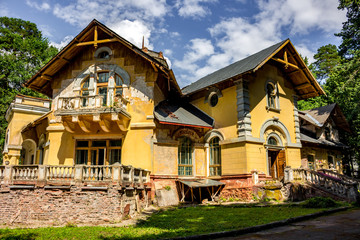 Fototapeta na wymiar Manor Turliki, built 1899-1901. Also known as Dacha Morozovoy (Morozovskaya), the house of Victor Petrovich Obninskiy. Obninsk, Kaluzhskiy region, Russia. July 2018