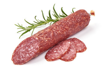 Dry sausage or salami with rosemary, close-up, isolated on white background