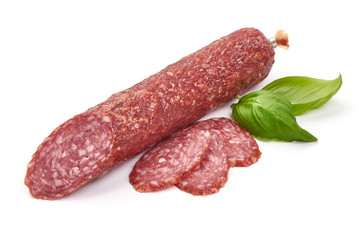 Smoked salami sausage with basil, dried meat, close-up, isolated on white background