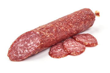 Salami Sausage Stick, dried meat, close-up, isolated on white background