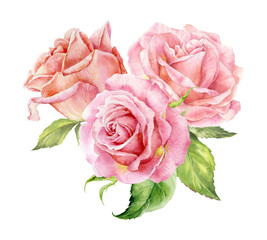 Floral watercolor illustration. Bouquet with delicate roses for cards, wedding invitations, congratulations.