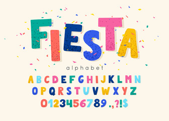 Vector font and alphabet. Abc, english letters and numbers. Fiesta - obrazy, fototapety, plakaty