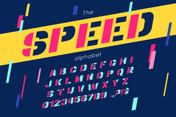 Vector speed font and alphabet. Abc, english letters and numbers
