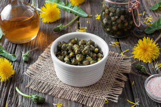 False capers made from dandelion buds in a bowl