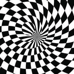 Abstract Black and White Geometric Pattern with Circles. Contrasty Optical Psychedelic Illusion. Checkered Spiral Texture. 3D Illustration