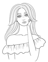 Dreaming girl Concept idea. Beautiful young woman with long wavy hair. Hand drawn sketch.