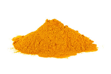 Turmeric (Curcuma) powder isolated on white background. Curry powder.