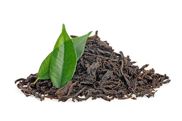 Green tea leaves and pile of dried black tea isolated on white background