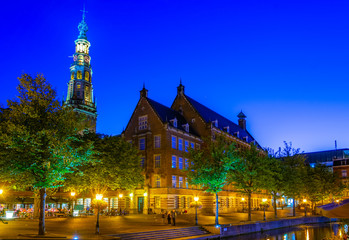 Night view of town hall in Leiden, Netherlands