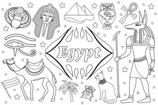 Ancient magic Egypt set objects objects. Coloring book page for kids. Collection design elements witch sorrow beetles, pharaoh, pyramid, ankh, anubis, camel, antique hieroglyp. Vector illustration.