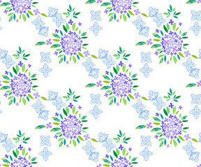 Japanese style background. Vector Hydrangea round bouquet seamless pattern. Floral stock vector illustration