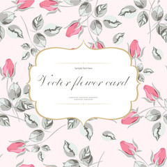 Flower vector card. Template. Thank you. Blank wedding invitation, greeting card, banner. Flowers, leafs, pink rose. Decorative frame.