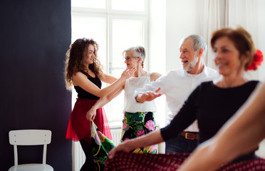 Group of senior people in dancing class with dance teacher.