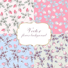 Roses. Blooming spring-summer flowers plants. Seamless pattern. Vector set.