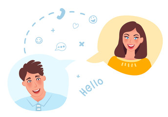 A man and a woman communicate via the Internet. Social networking Dating. Vector illustration of happy people and romantic relationships