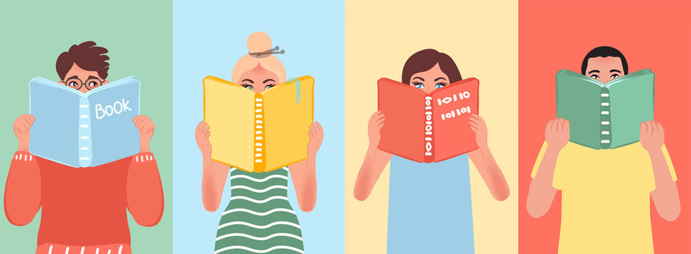 Several people read books. They are cunning and peek into the book. Vector illustration of quality curiosity and interest in knowledge