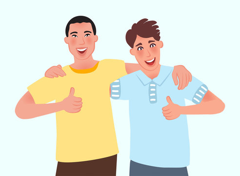 Two young men of Asian and European appearance are very happy to meet. International friendship. Vector illustration of male friendship