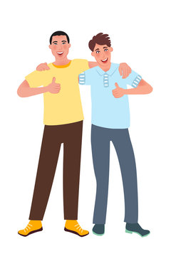 Young people of European and Asian appearance smile and hold your finger up. Vector illustration of a person's nationality