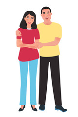 Happy Asian husband and wife hugging each other. Family relation. Vector illustration of people and emotions