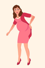 A pregnant woman feels back pain during pregnancy, discomfort in the lower back. Vector illustration of pregnancy symptoms